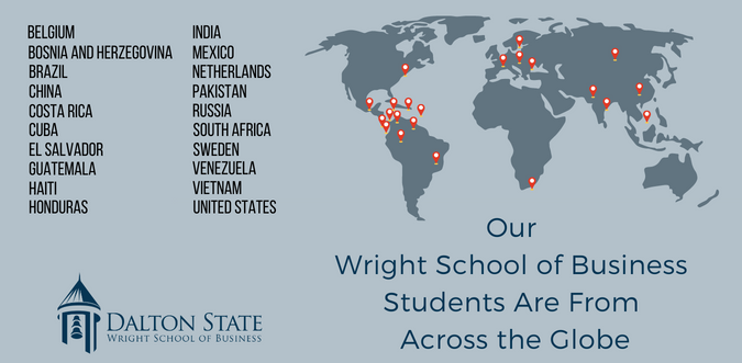 The map of the globe with pins on the map and a list of all the locations students in the WSOB are from