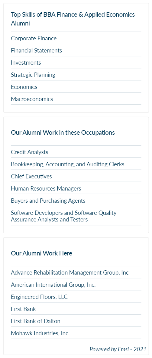 Top Skills of BBA Finance and Applied Economics Alumni from Dalton State College