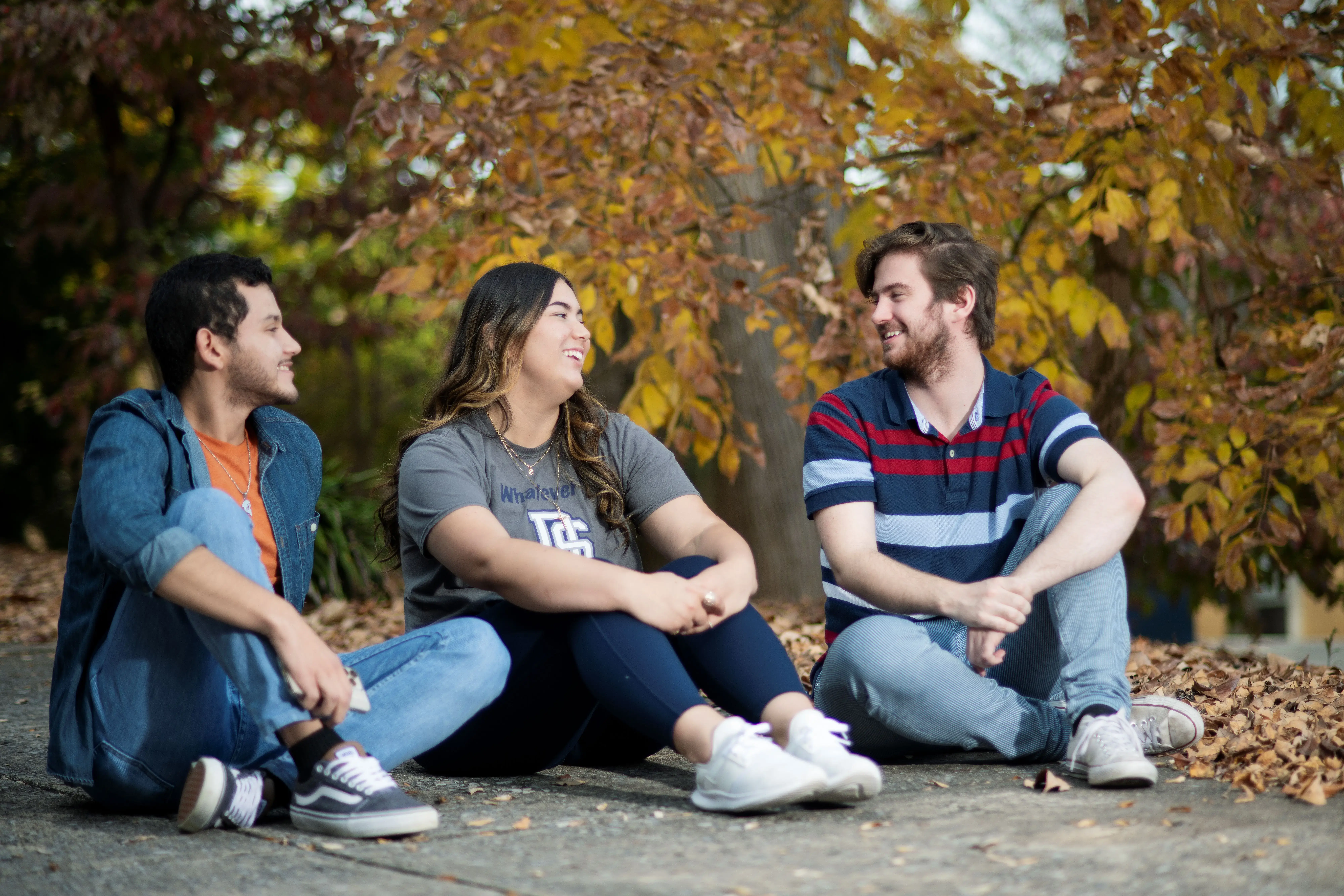 Students seated on ground, outside during fall