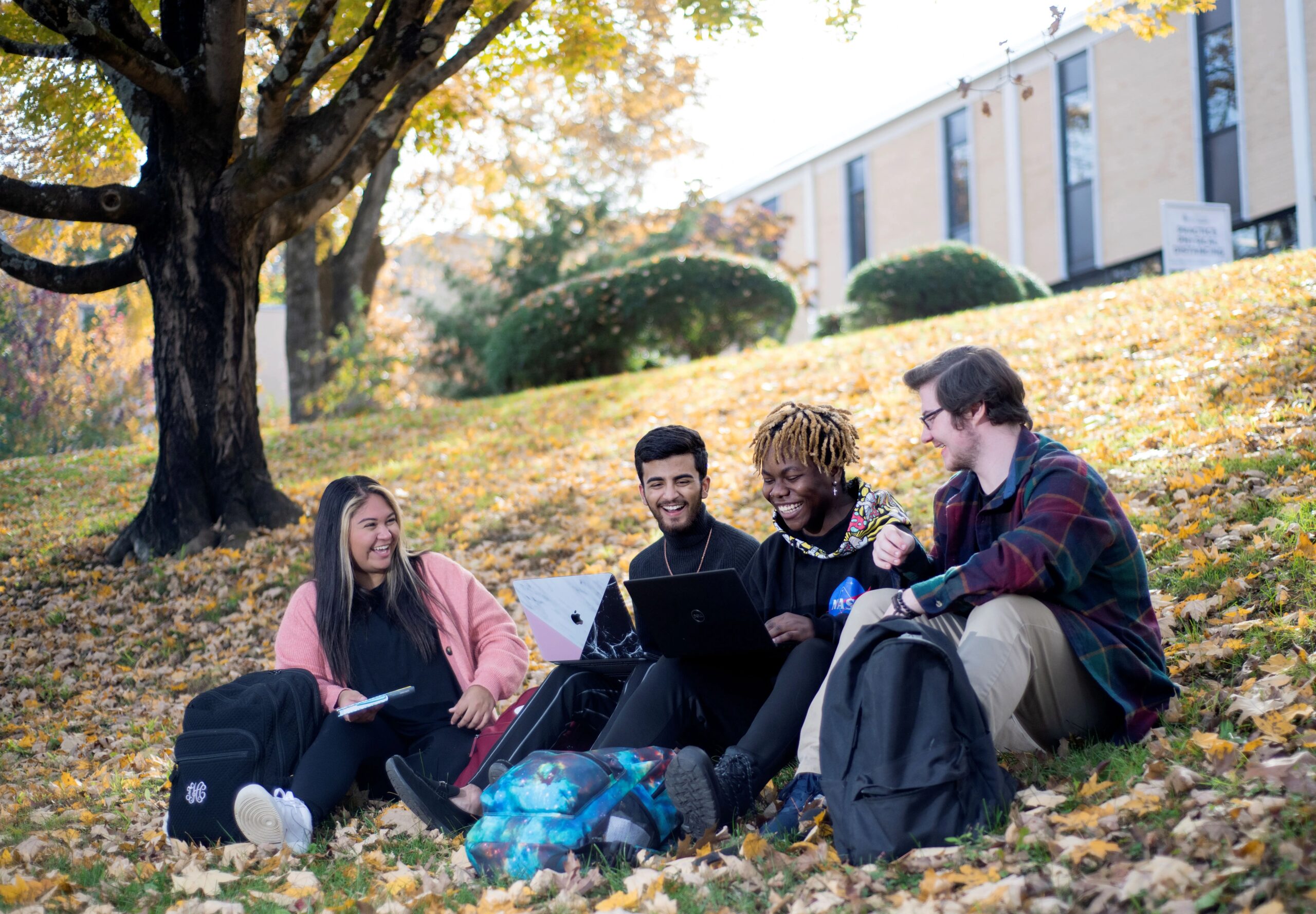 students on lawn in fall