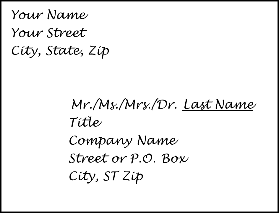 Thank you card envelope example with Your Name, Street, City, State, and Zip on top left and Mr./Ms./Mrs./Dr. Last Name, Title, Company Name, Street or P.O. Box, and City, State and Zip in middle.