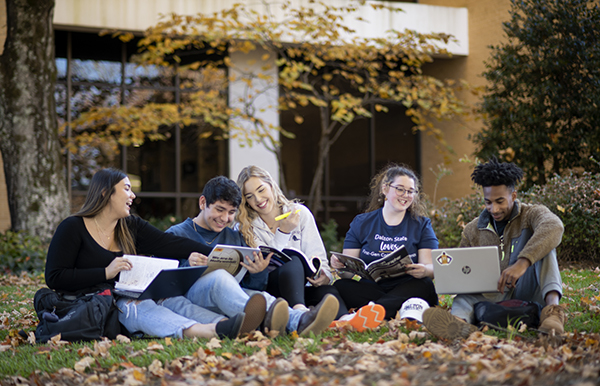 students sitting together on grass