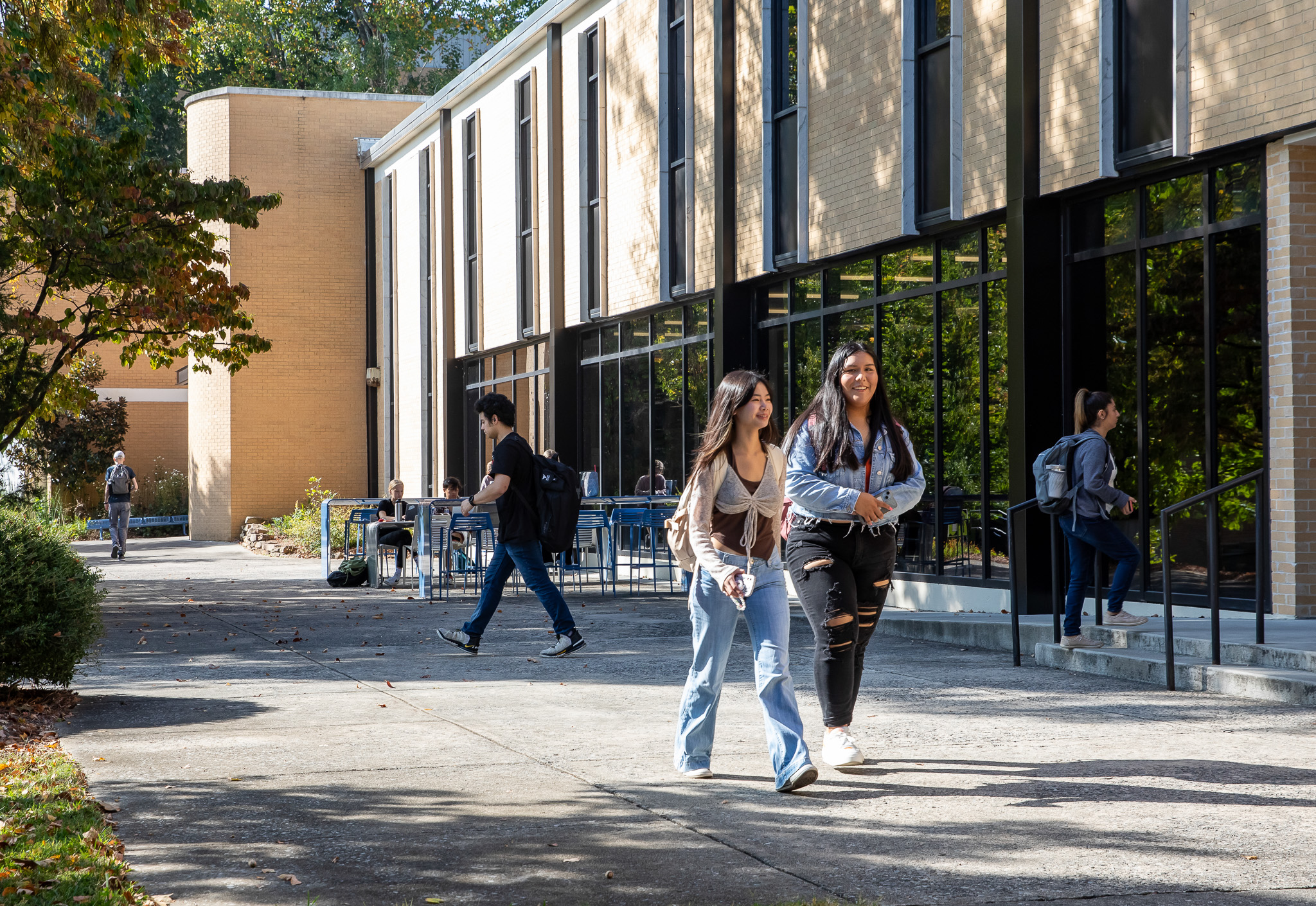 A walkway of campus with several students walking in various directions