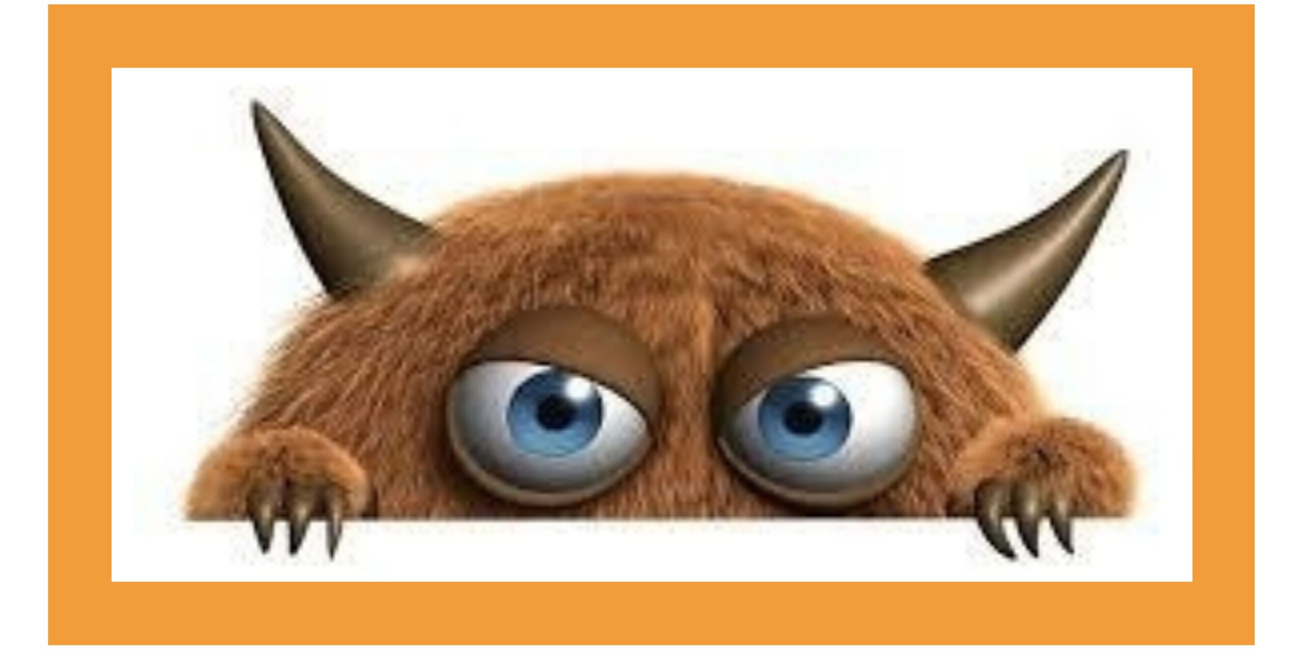 Image of a brown monster with horns peaking over a white partition.